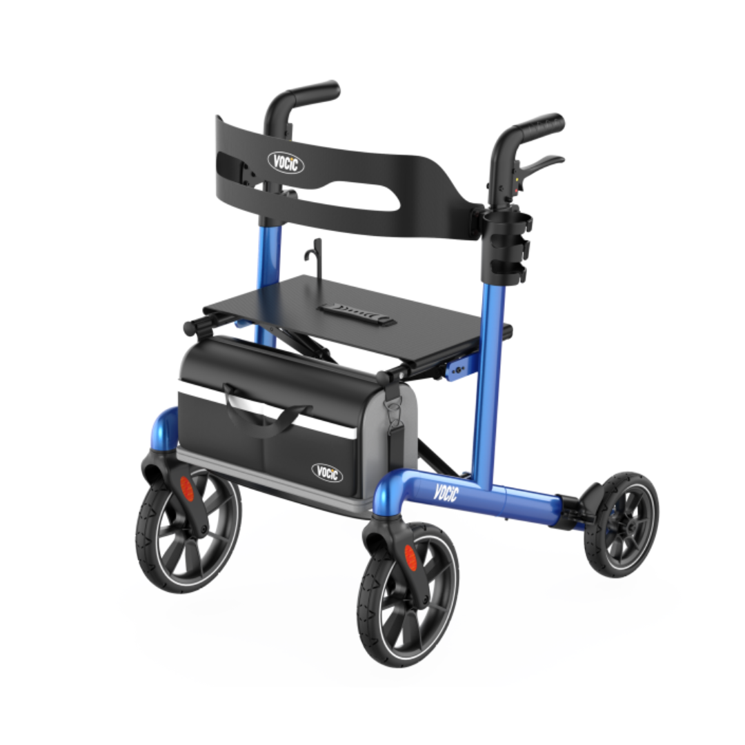 The Comfort Glide Indoor & Outdoor Rollator | VOCIC Z66 is a blue and black four-wheeled walker featuring a padded seat, backrest, storage bag, and hand brakes for enhanced mobility assistance. This adjustable rollator is designed to provide personalized comfort and support for users.